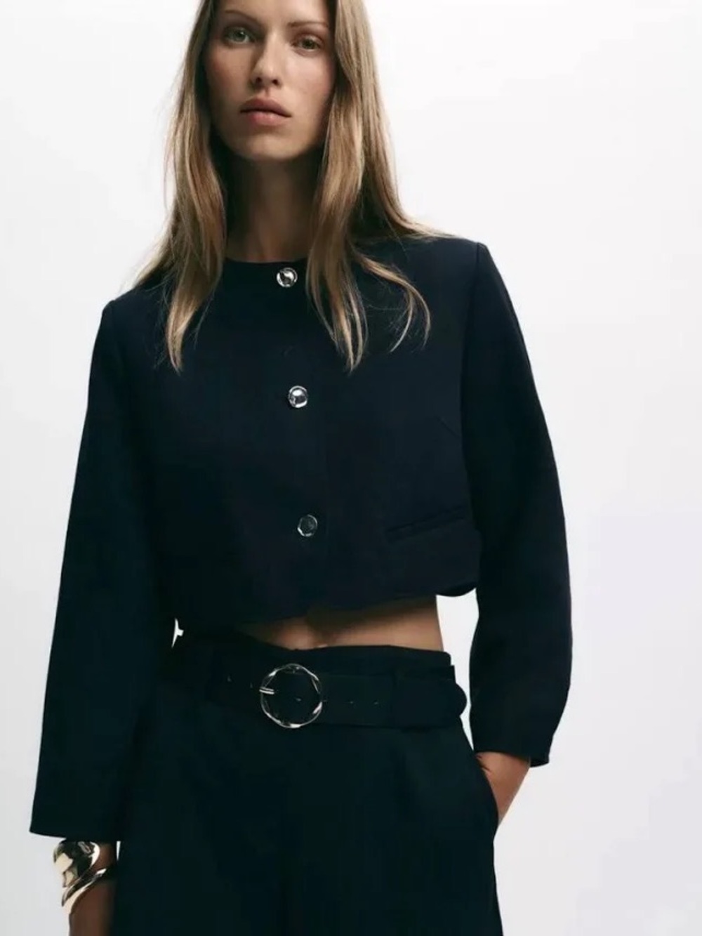 Zara Cropped Collarless Jacket in Dark Blue Size Small